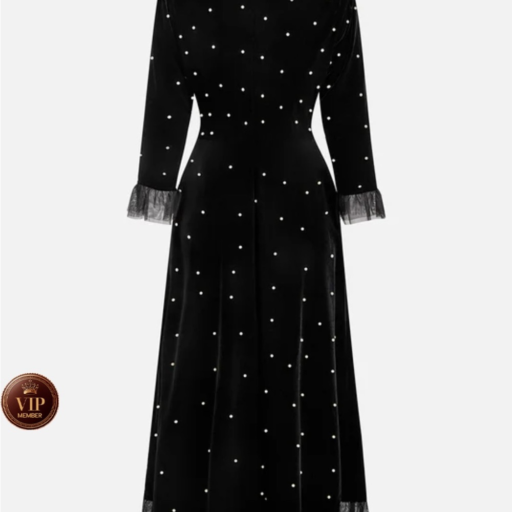 Black Beaded Ruffled Mock
Neck Three Quarter Sleeve A-
Line Maxi Velvet Dress - Picture 3 of 9